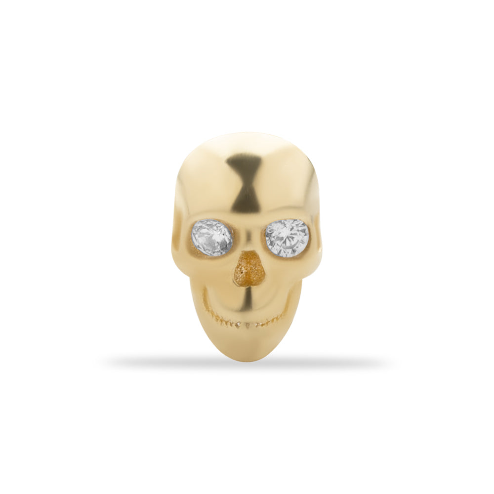 Skull stud piercing earring with clear zircons - 14K Solid Yellow Gold