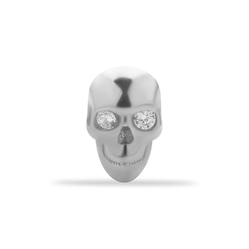 Skull stud piercing earring with clear zircons - 14K Solid White Gold
