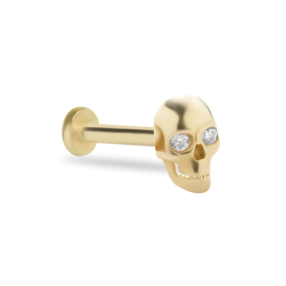 Skull stud piercing earring with clear zircons - 14K Solid Yellow Gold