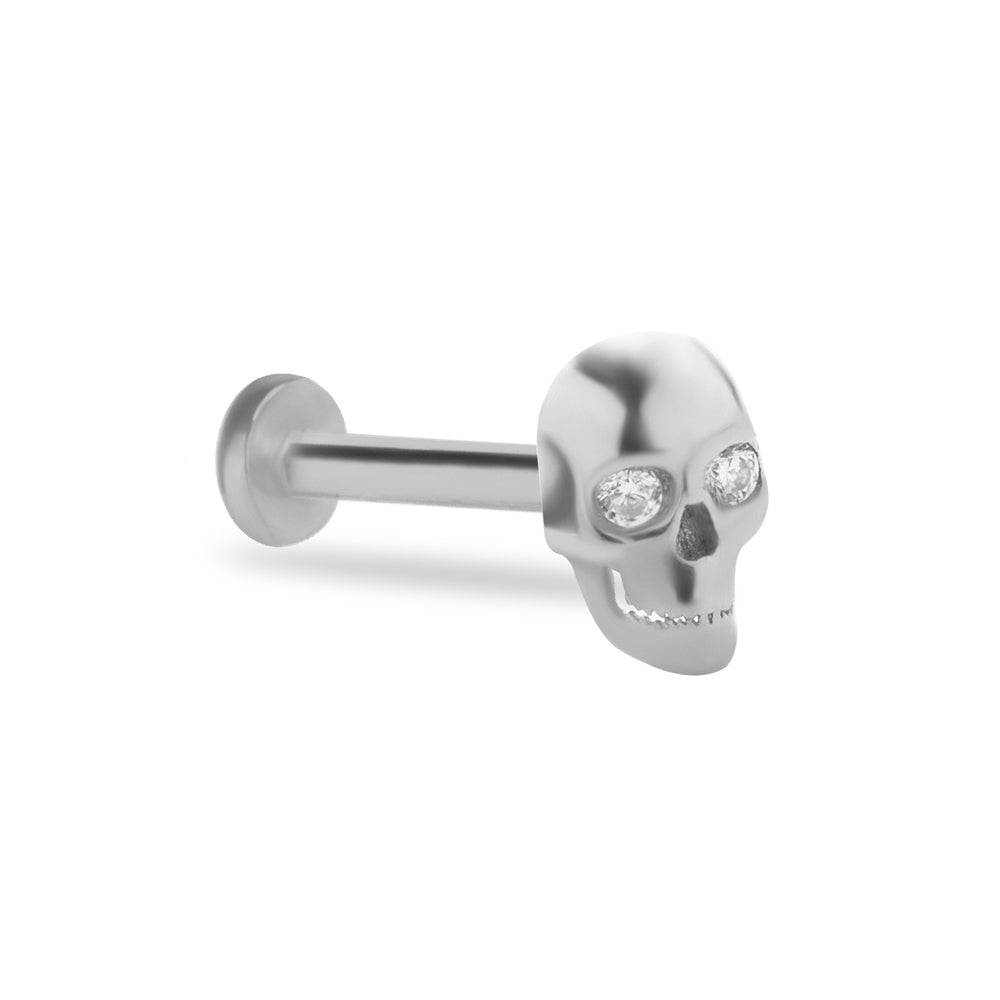 Skull stud piercing earring with clear zircons - 14K Solid White Gold