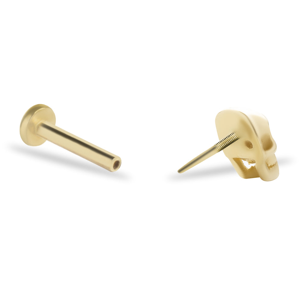Skull stud piercing earring with clear zircons - 14K Solid Yellow Gold