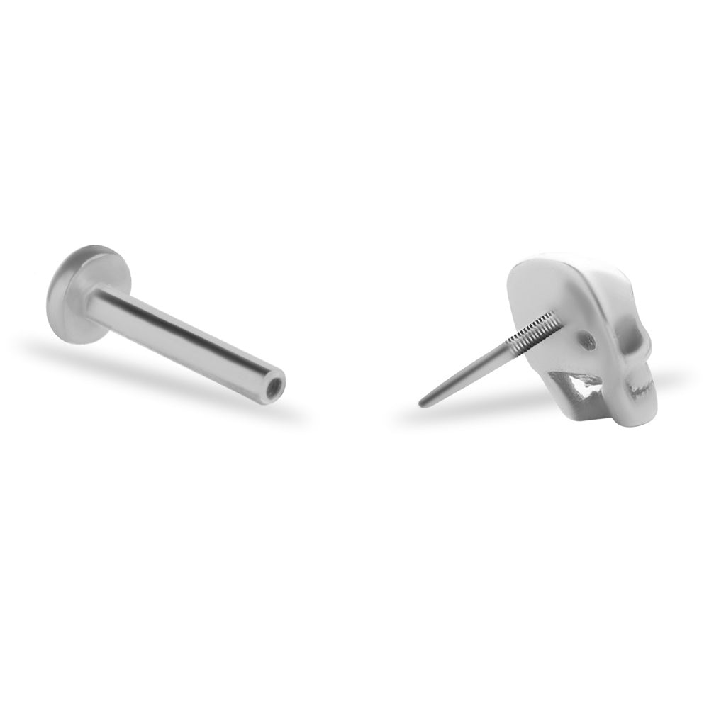 Skull stud piercing earring with clear zircons - 14K Solid White Gold