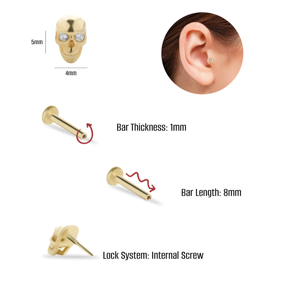 Skull stud piercing earring with clear zircons - 14K Solid Yellow Gold