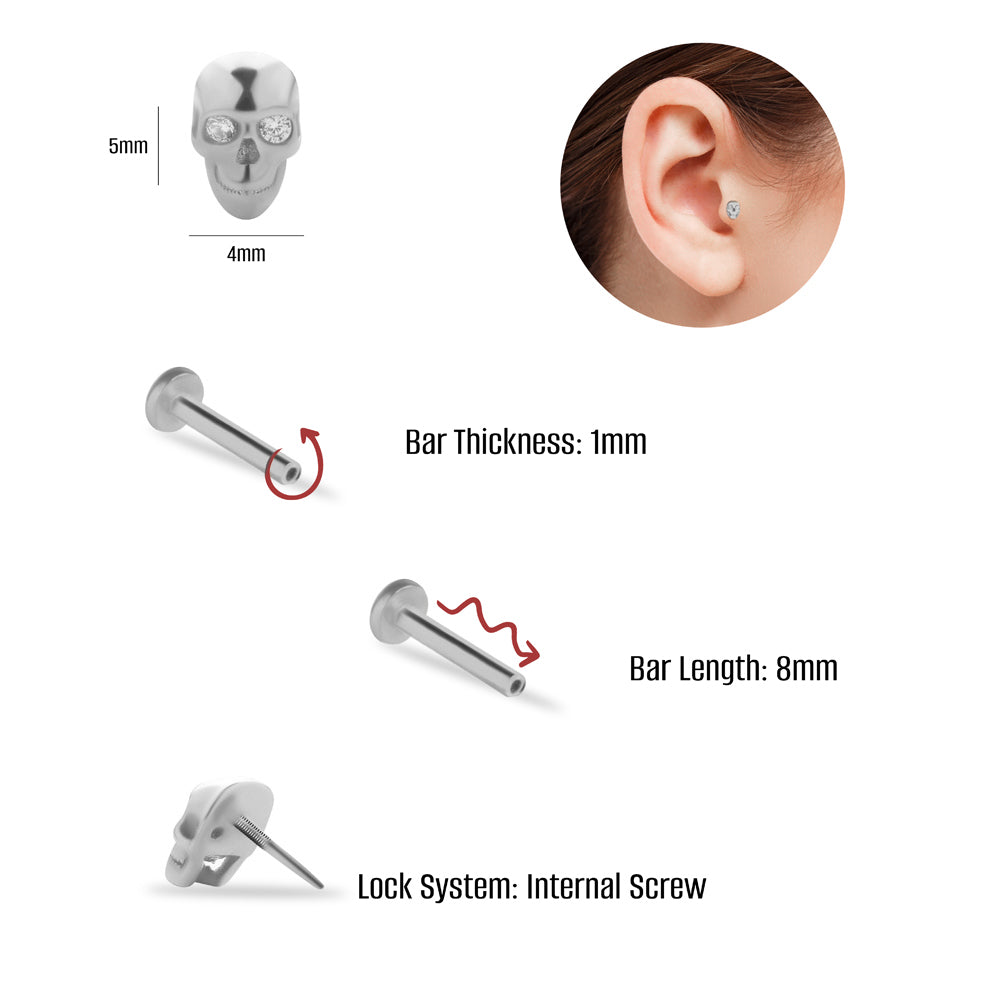 Skull stud piercing earring with clear zircons - 14K Solid White Gold