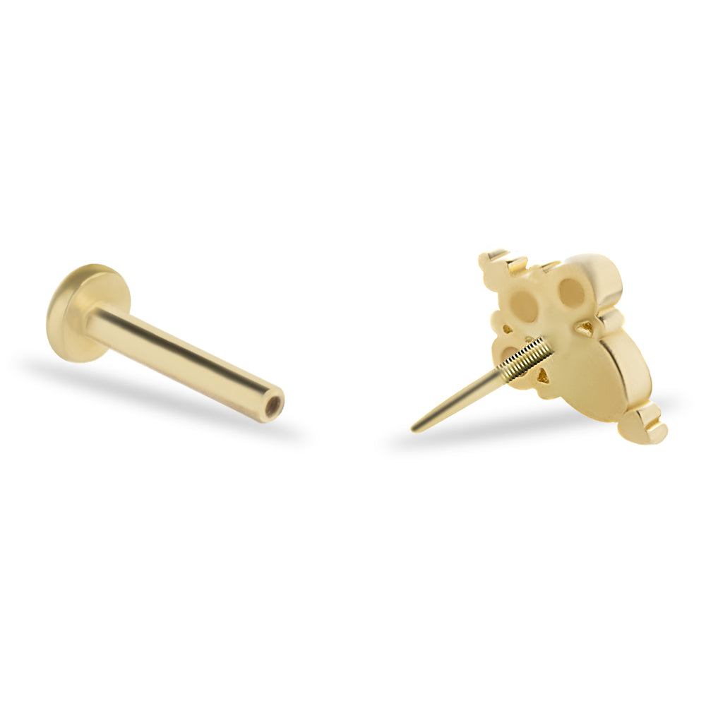 Stud piercing earring with green anamel & clear zircons - 14K Solid Yellow Gold