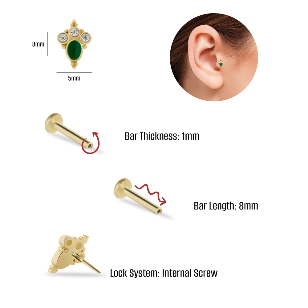 Stud piercing earring with green anamel & clear zircons - 14K Solid Yellow Gold