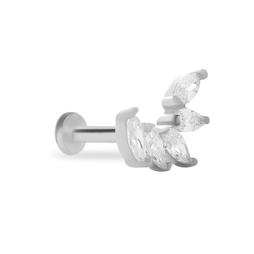 Lotus stud piercing earring with clear zircons - 14K Solid White Gold