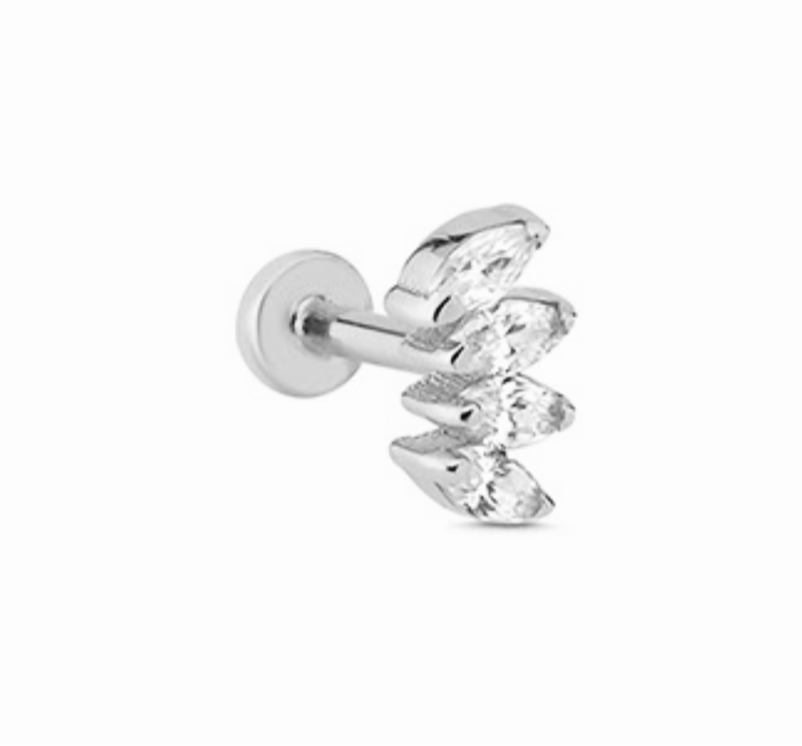 Lotus stud piercing earring with clear zircons - 14K Solid White Gold
