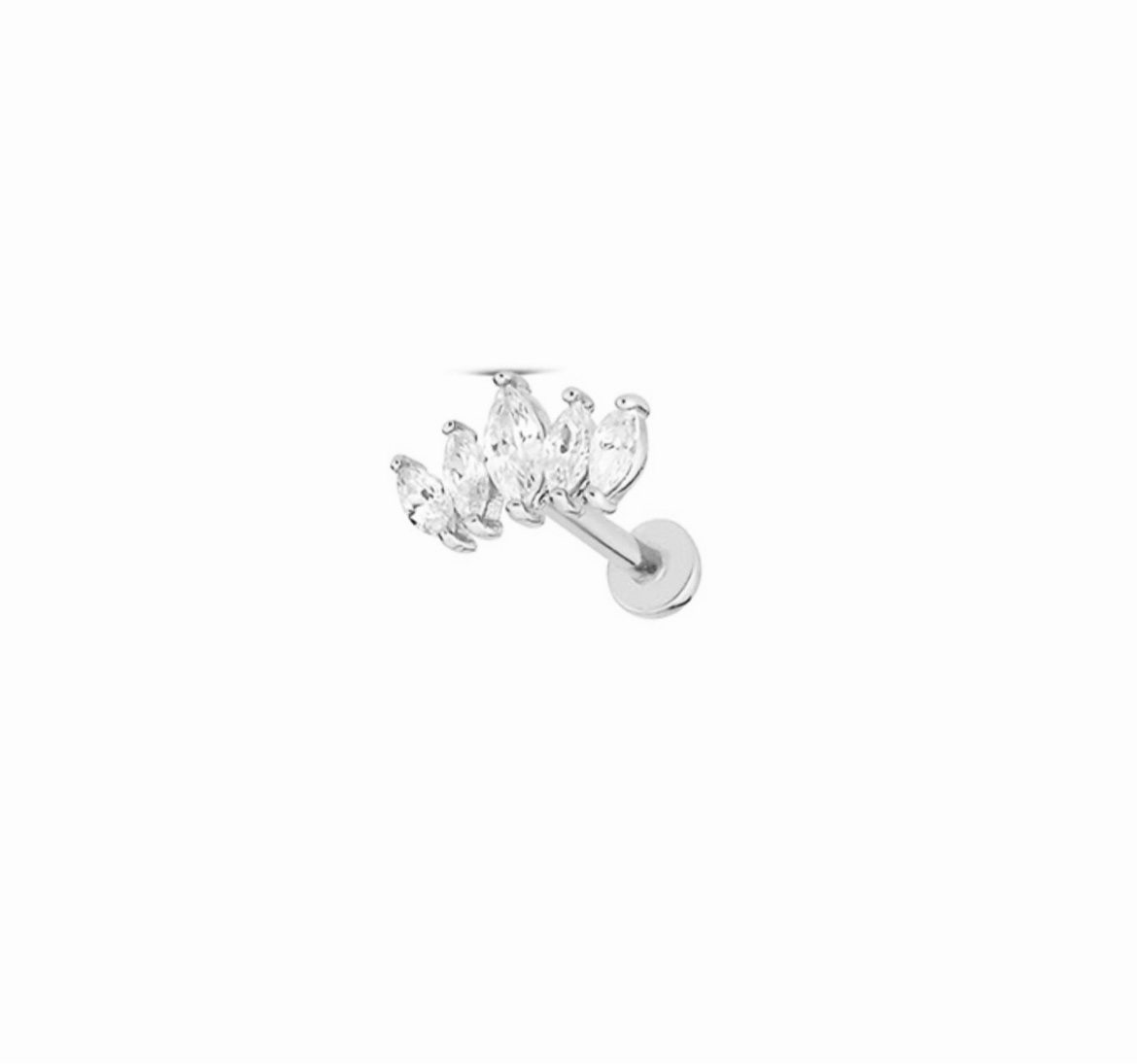 Lotus stud piercing earring with clear zircons - 14K Solid White Gold