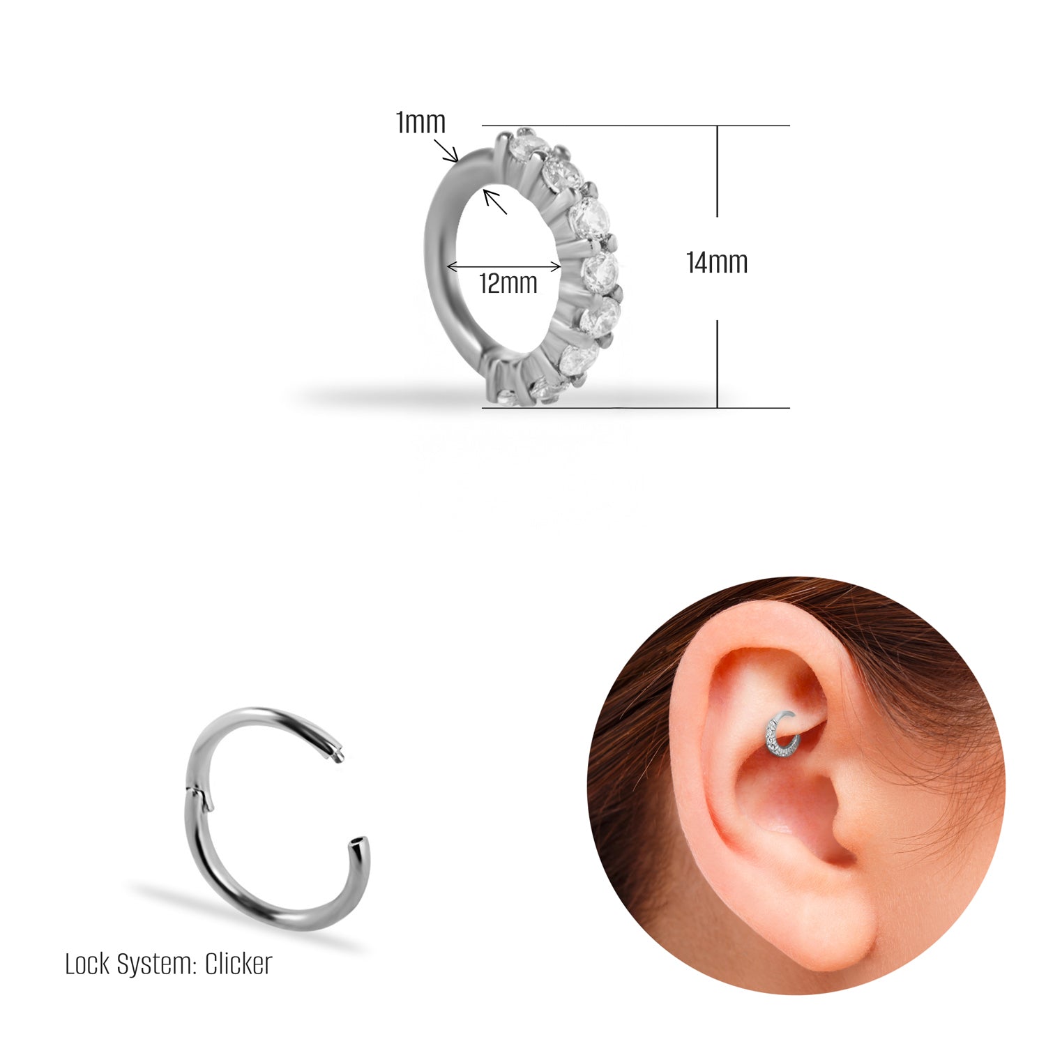 Hoop piercing earring with clear zircons - 14K Solid White Gold