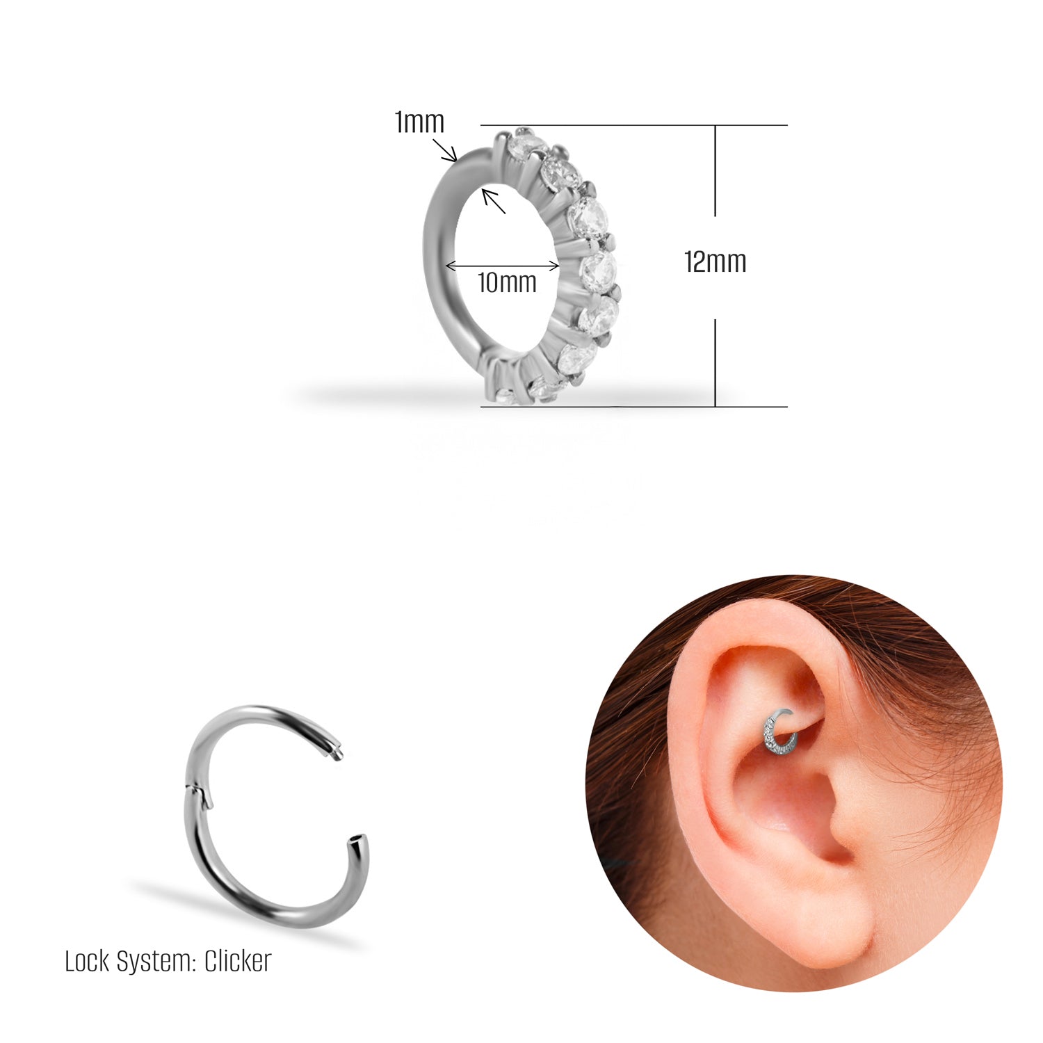 Hoop piercing earring with clear zircons - 14K Solid White Gold