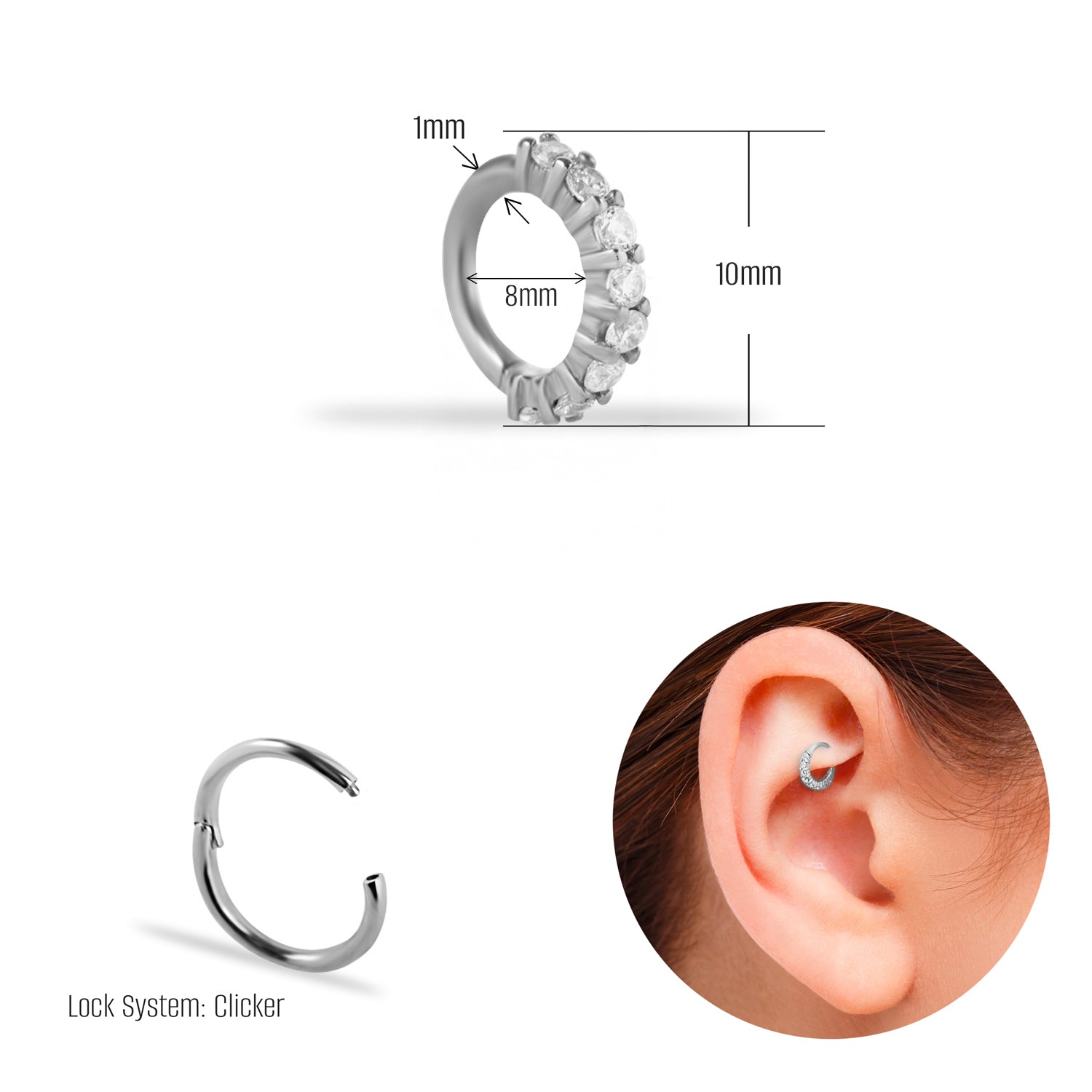 Hoop piercing earring with clear zircons - 14K Solid White Gold