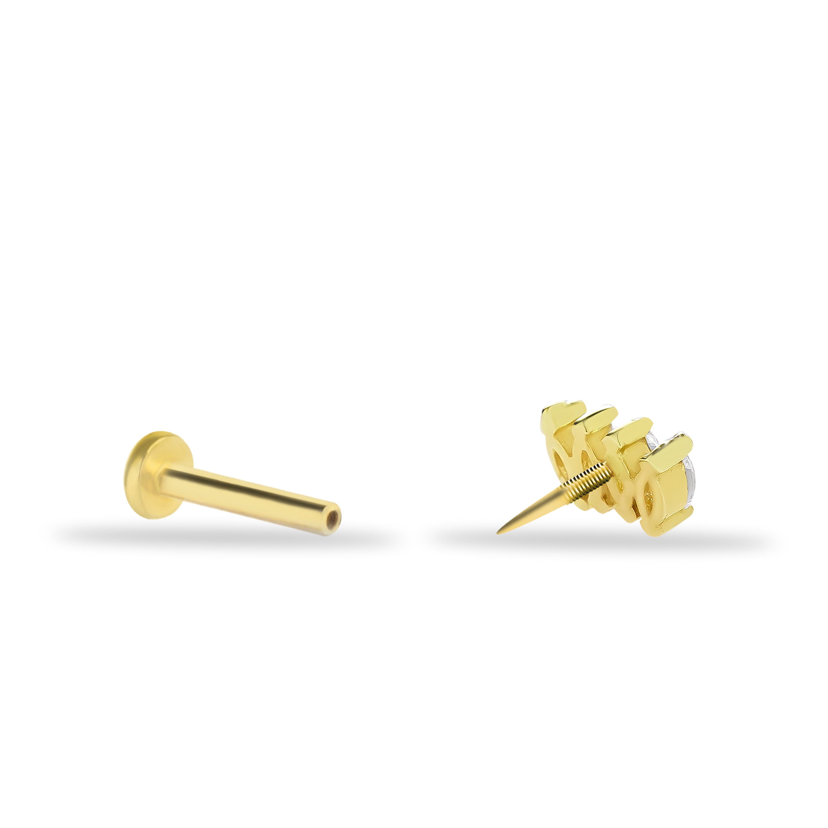 Lotus stud piercing earring with clear zircon - 14K Solid Yellow Gold