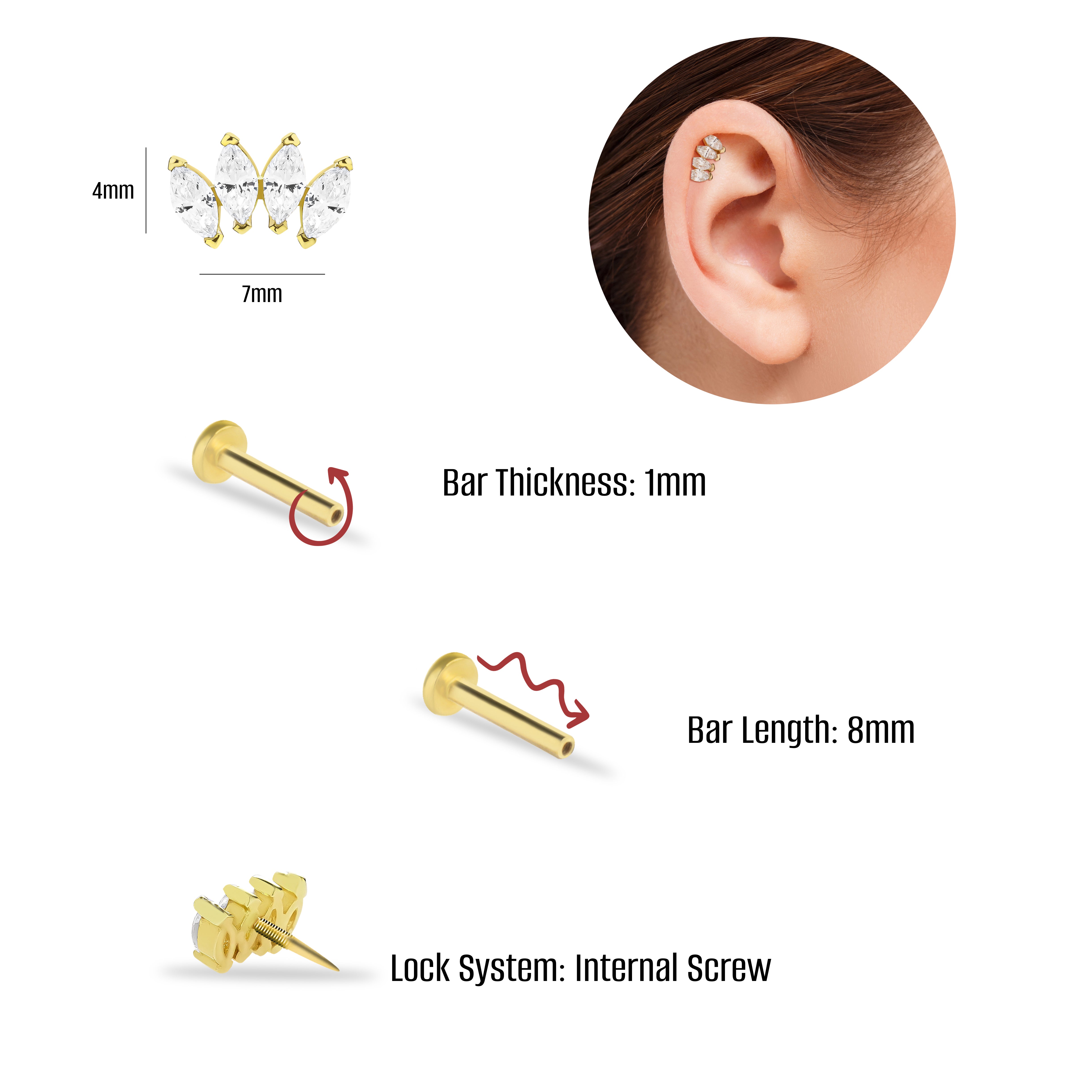 Lotus stud piercing earring with clear zircon - 14K Solid Yellow Gold