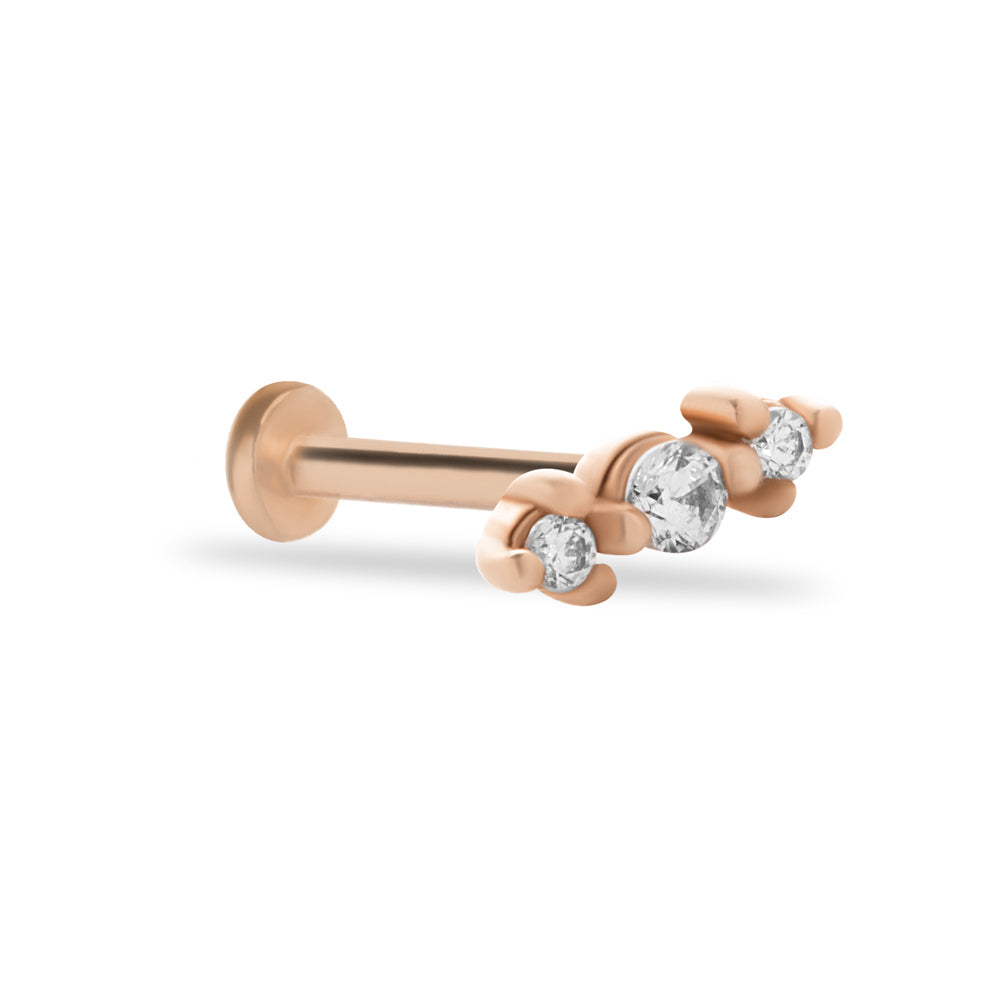 Stud piercing earring with clear zircons - 14K Solid Rose Gold