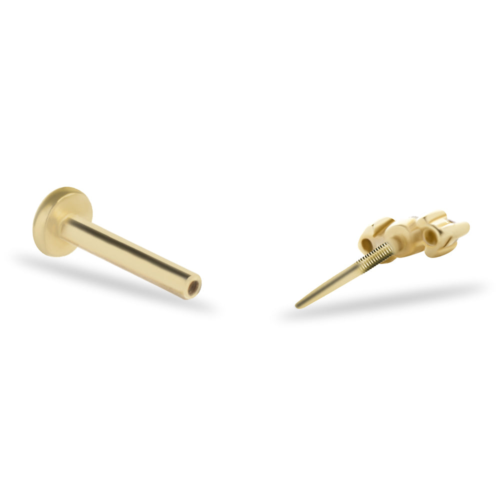 Stud piercing earring with clear zircons - 14K Solid Yellow Gold