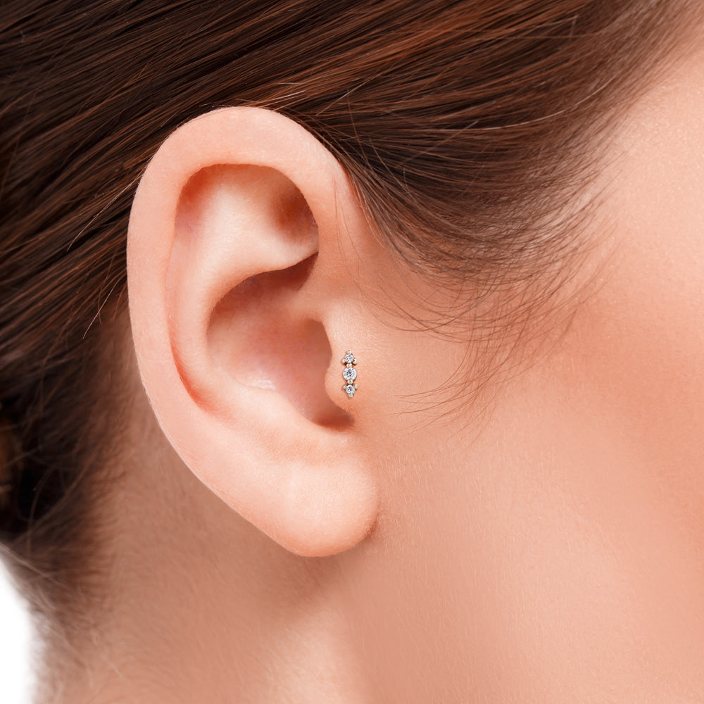 Stud piercing earring with clear zircons - 14K Solid Rose Gold
