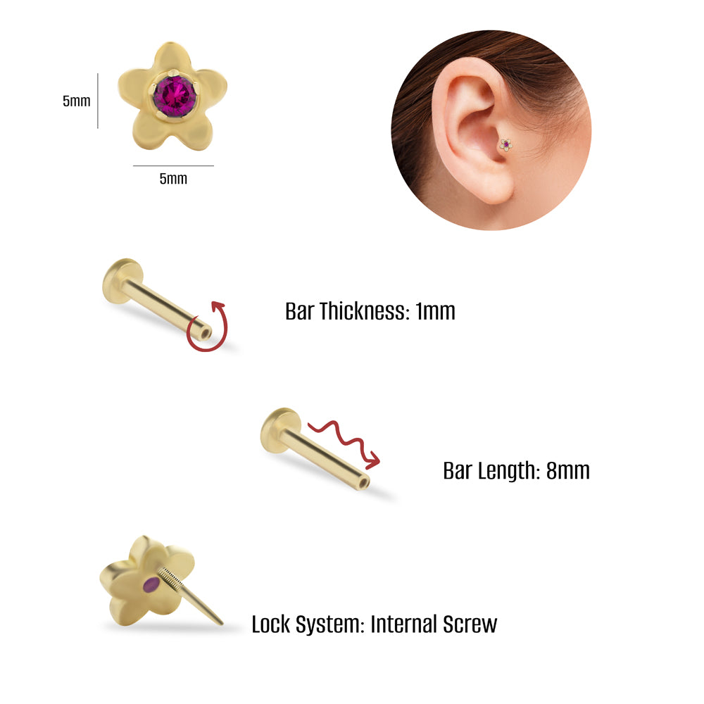 Flower stud piercing earring with red zircons - 14K Solid Yellow Gold