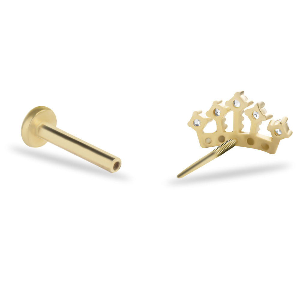 Crown stud piercing earring with clear zircons - 14K Solid Yellow Gold