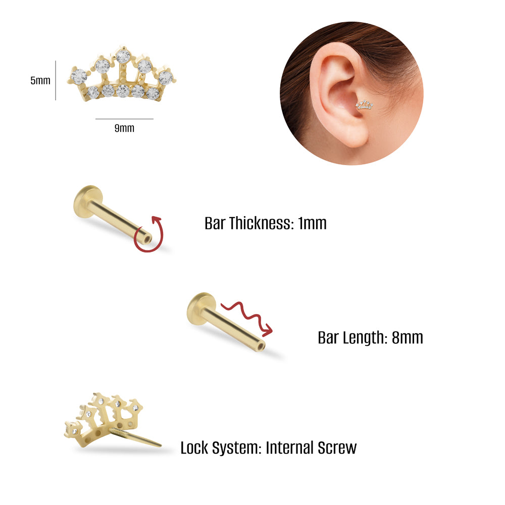 Crown stud piercing earring with clear zircons - 14K Solid Yellow Gold