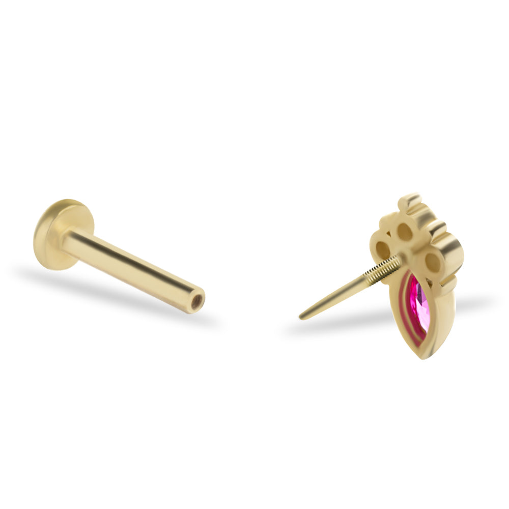Stud piercing earring with red marquis & clear zircons - 14K Solid Yellow Gold