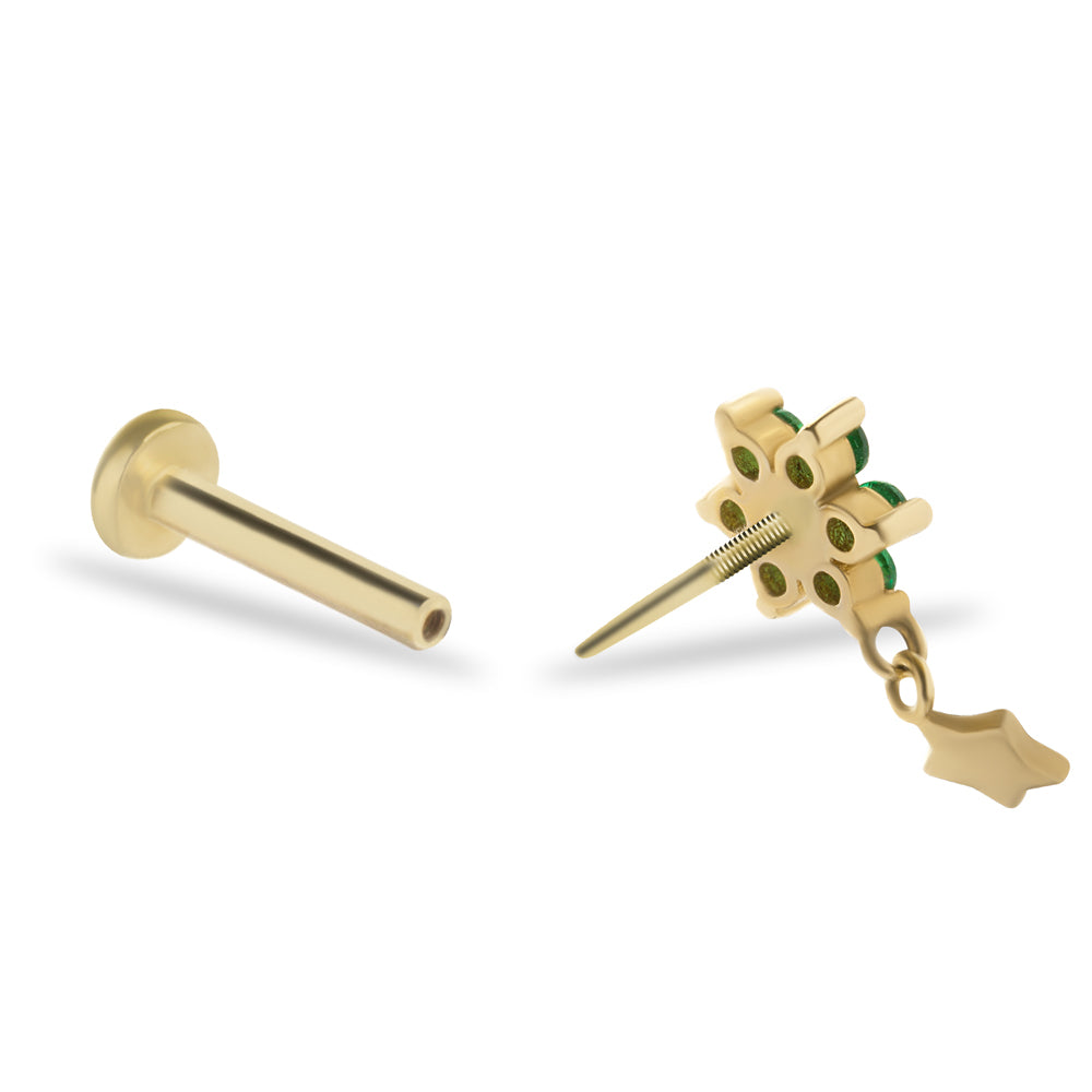 Flower stud piercing earring with smll star pendant & green zircons - 14K Solid Yellow Gold