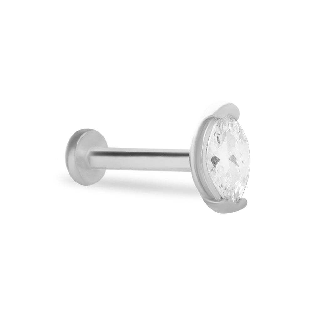 Drop stud piercing earring with clear zircons - 14K Solid White Gold