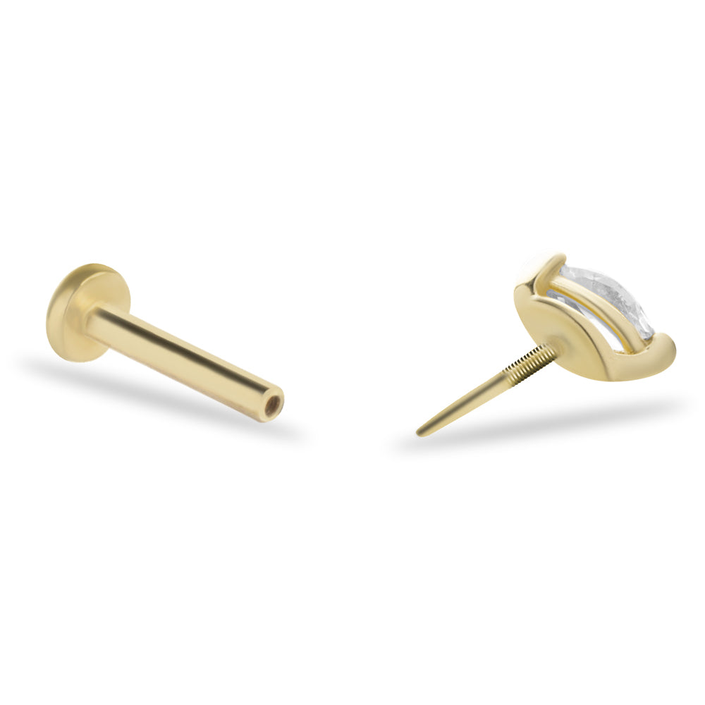 Marquis stud piercing earring with clear zircon - 14K Solid Yellow Gold
