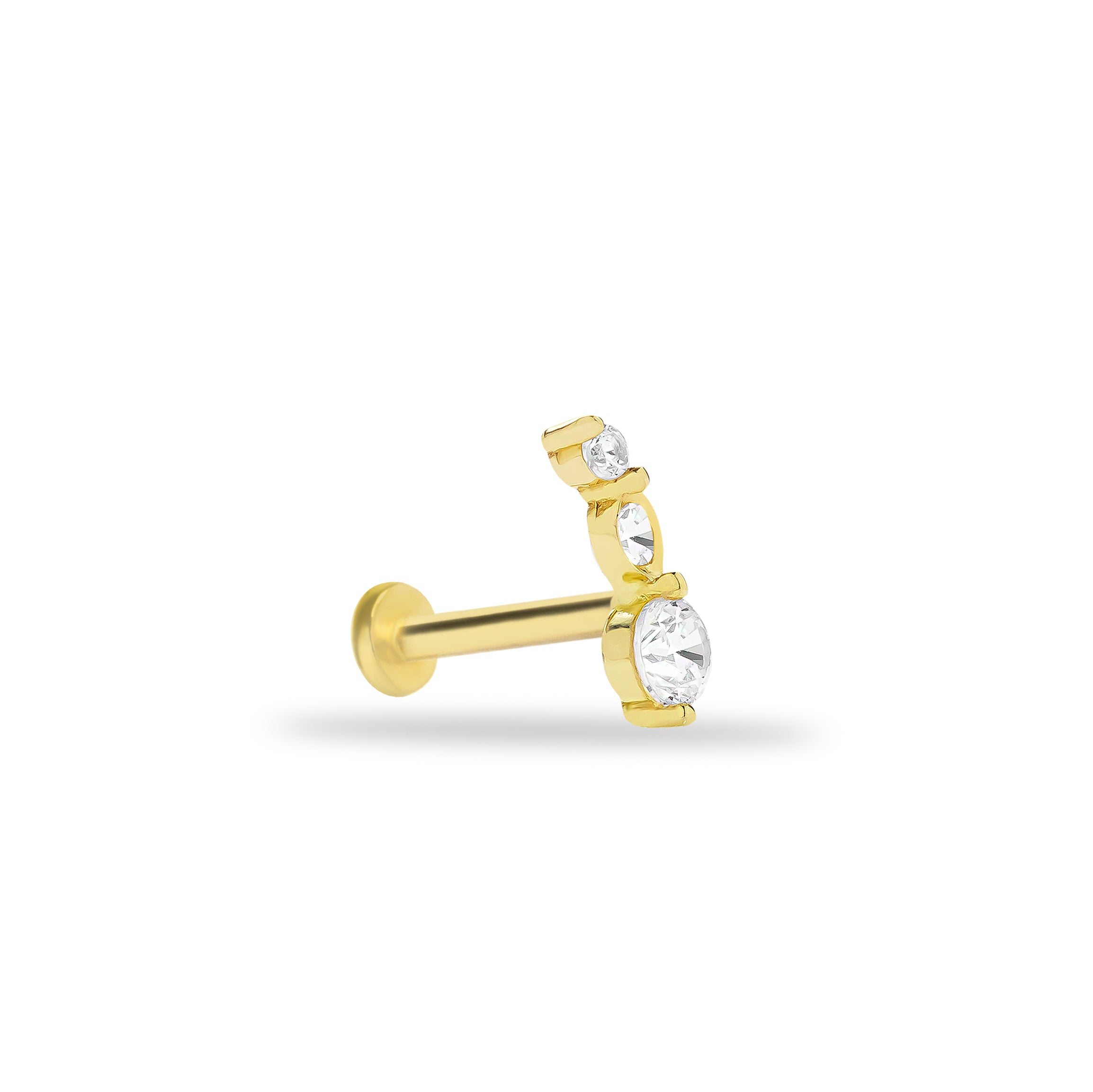 Stud piercing earring with clear zircons - 14K Solid Yellow Gold