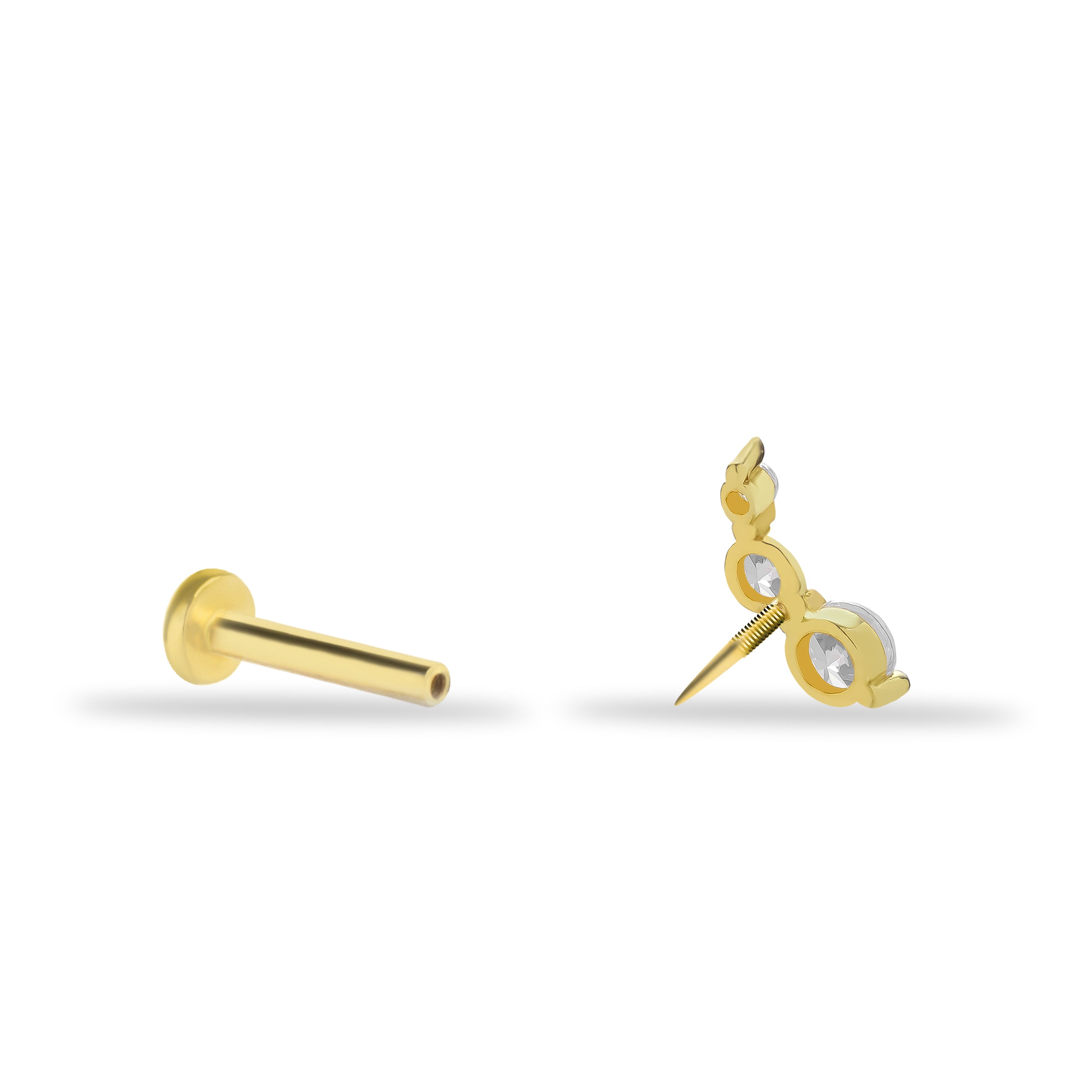 Stud piercing earring with clear zircons - 14K Solid Yellow Gold