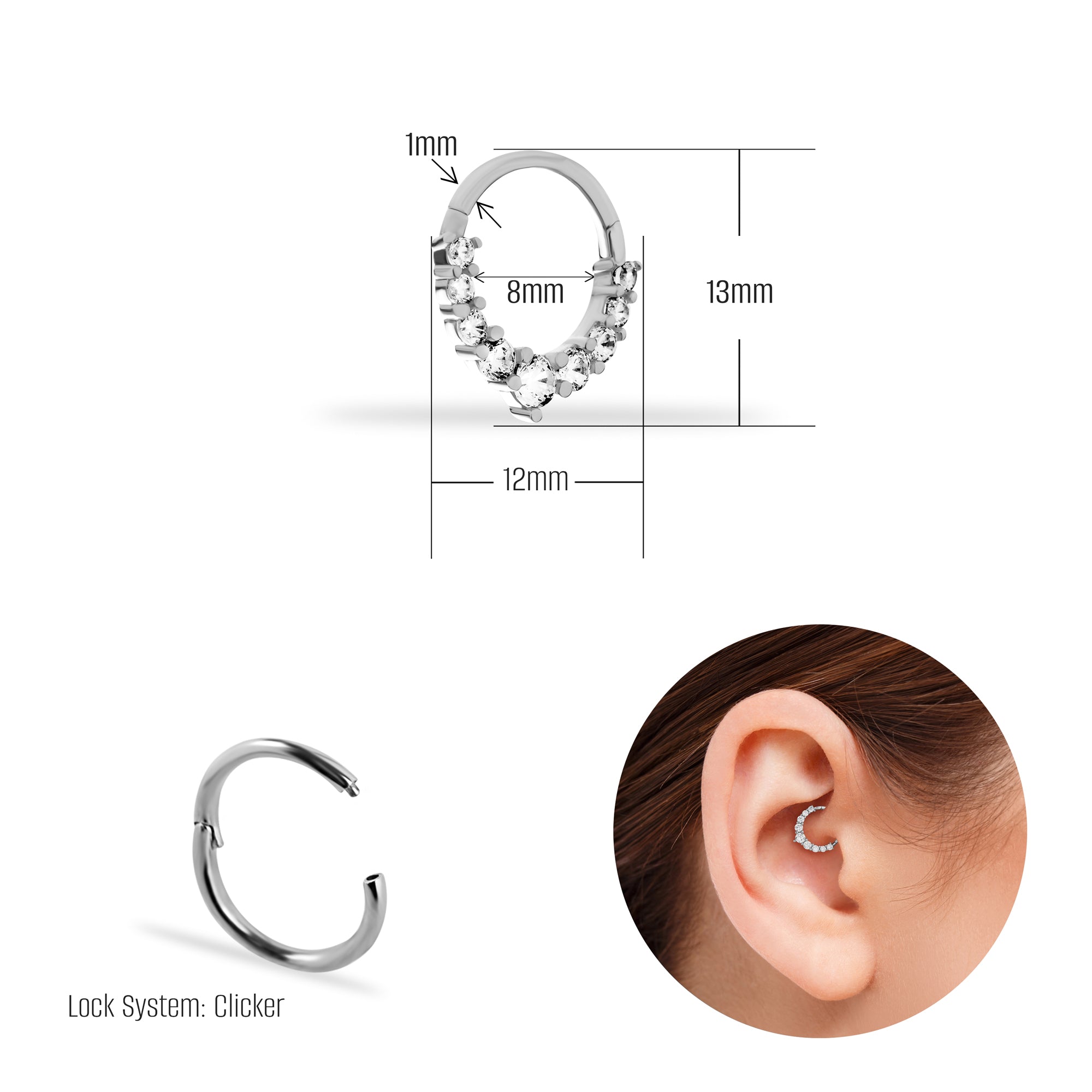 8mm Hoop piercing earring with clear zircons - 14K Solid White Gold