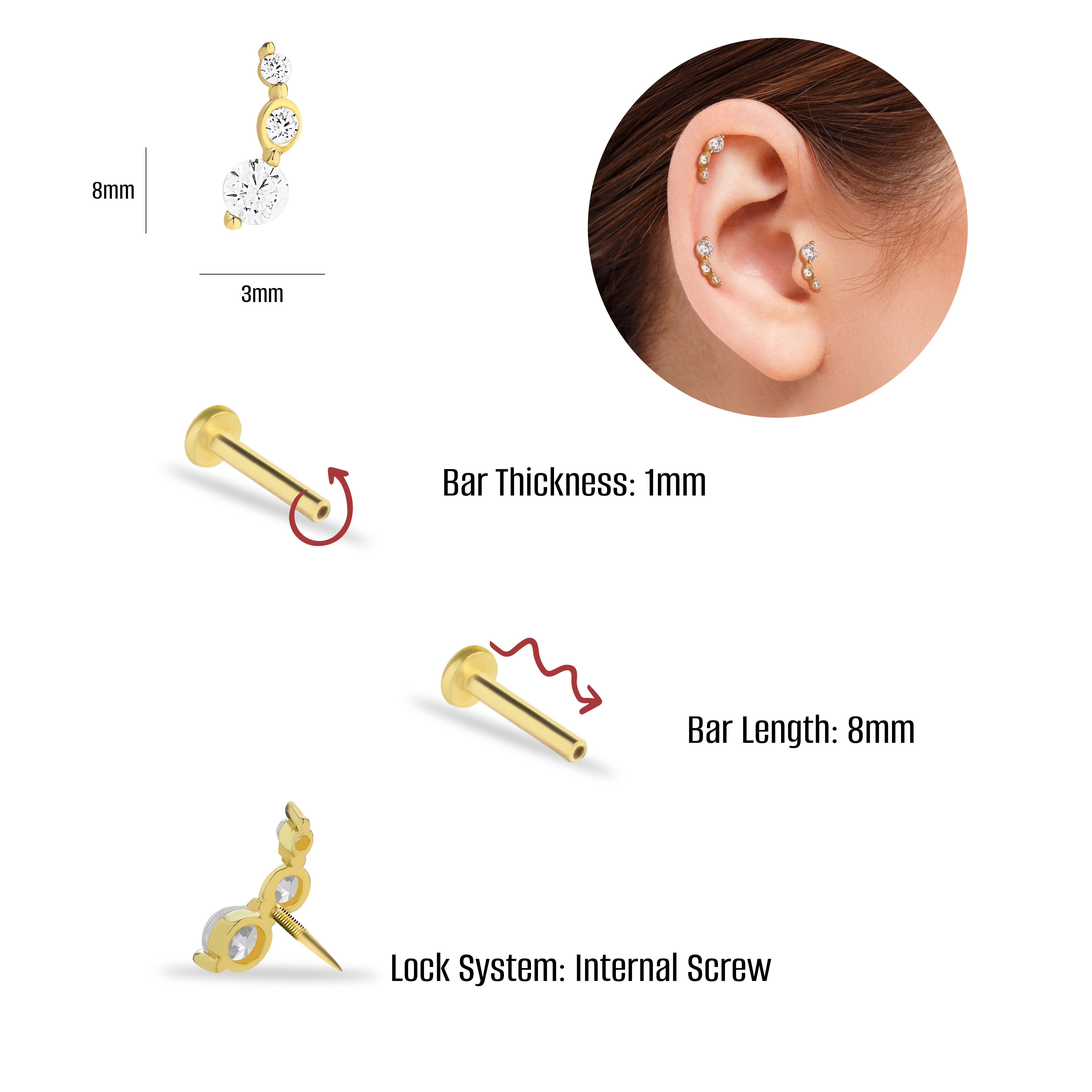Stud piercing earring with clear zircons - 14K Solid Yellow Gold