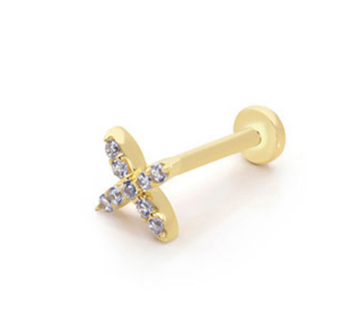 X stud piercing earring with clear zircons - 14K Solid Yellow Gold
