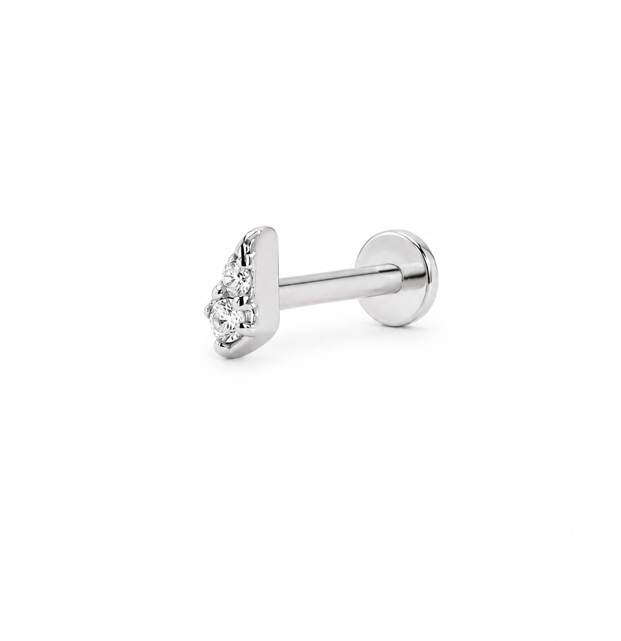 Stud piercing earring with clear zircons - 14K Solid White Gold
