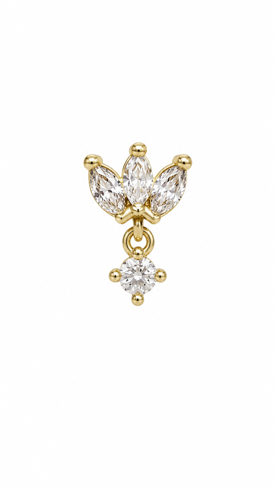 Lotus flower stud piercing earring with clear zircons & hanging chain - 14K Solid Yellow Gold