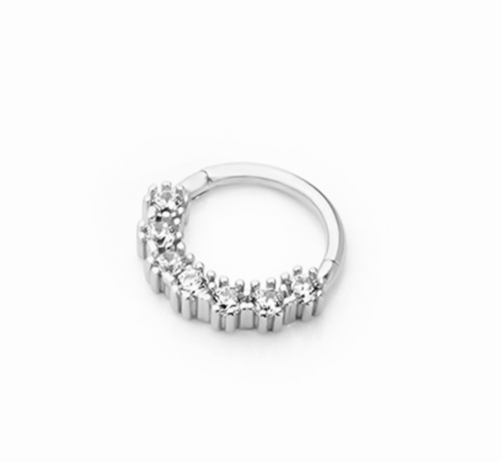 8mm Hoop piercing earring with clear zircons - 14K Solid White Gold