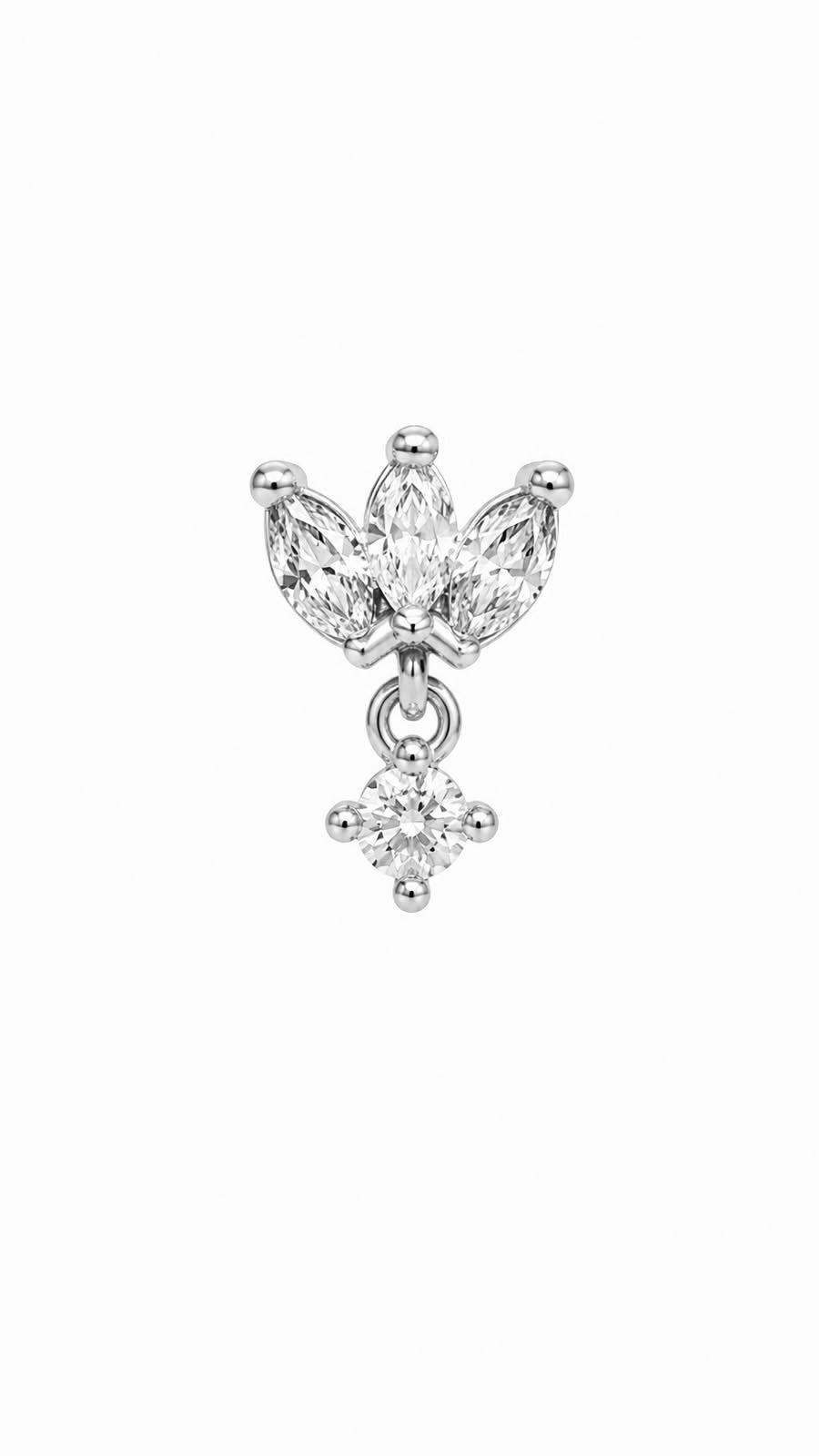 Lotus flower stud piercing earring with clear zircons & hanging chain - 14K Solid White Gold