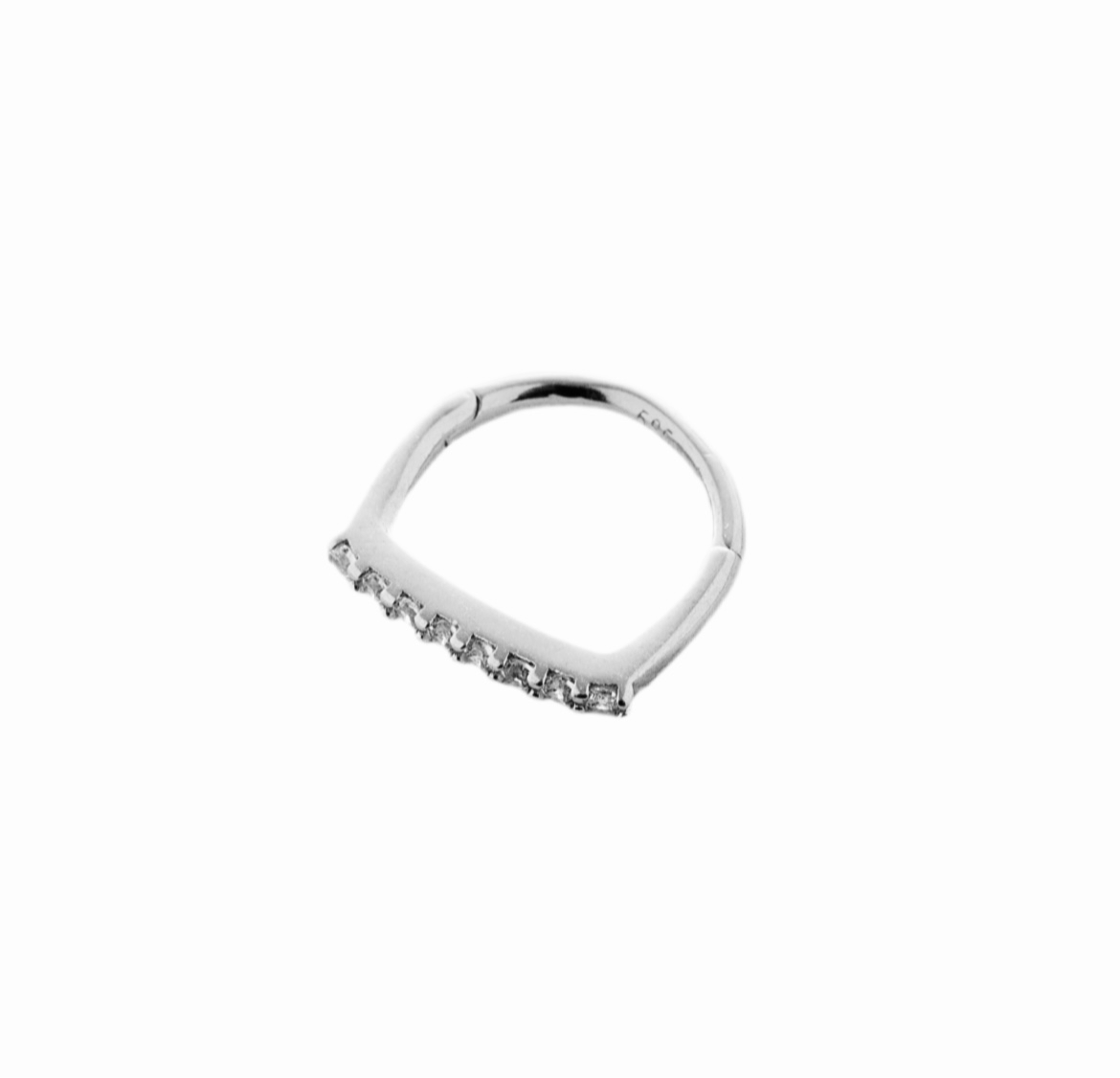 D hoop piercing earring with clear zircons - 14K Solid White Gold