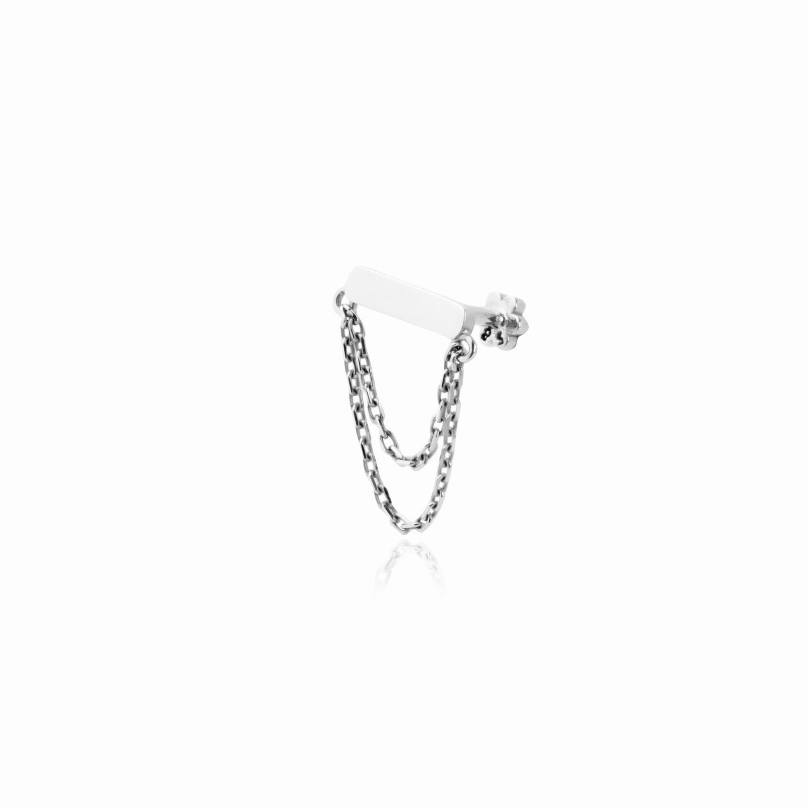 Strip with chain stud piercing earring- 14K Solid White Gold