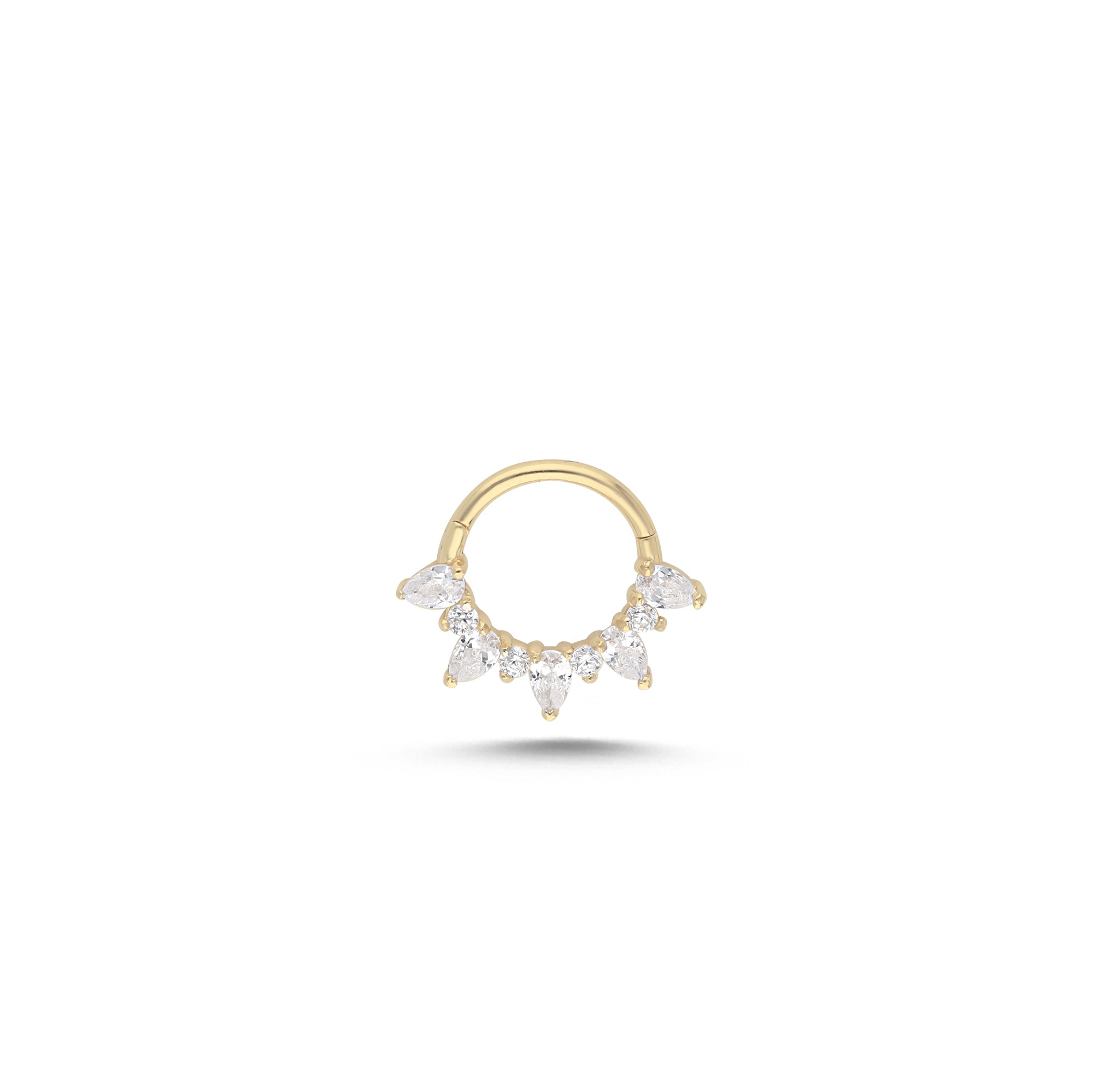 8mm Hoop piercing earring with clear zircons - 14K Solid Yellow Gold