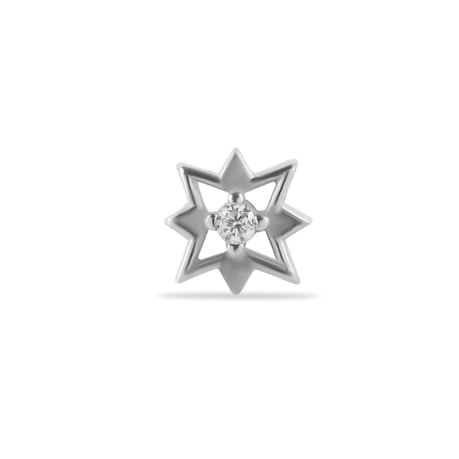 Star stud piercing earring with clear zircon - 14K Solid White Gold - 8mm bar