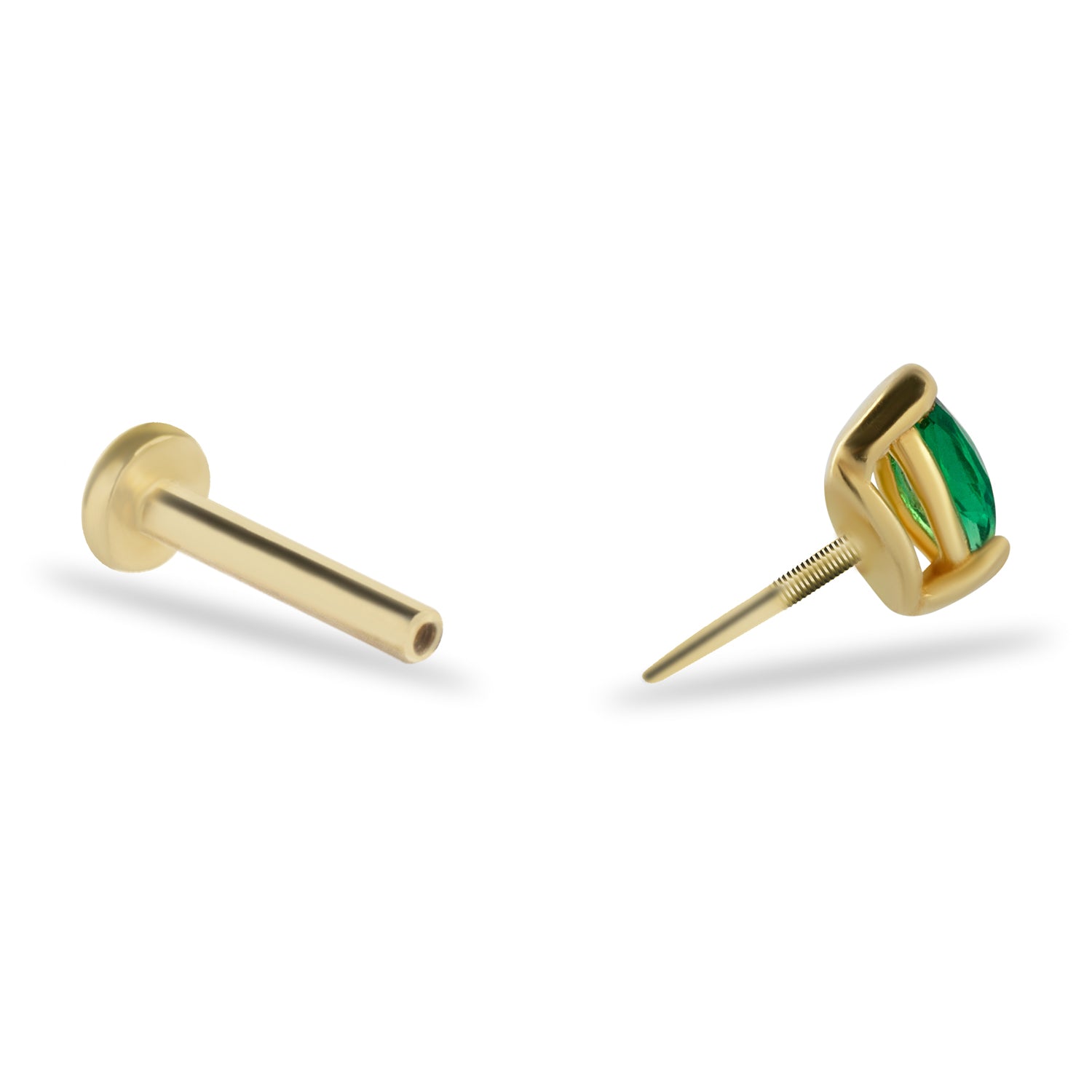 Marquise stud piercing earring with green zircon - 14K Solid Yellow Gold