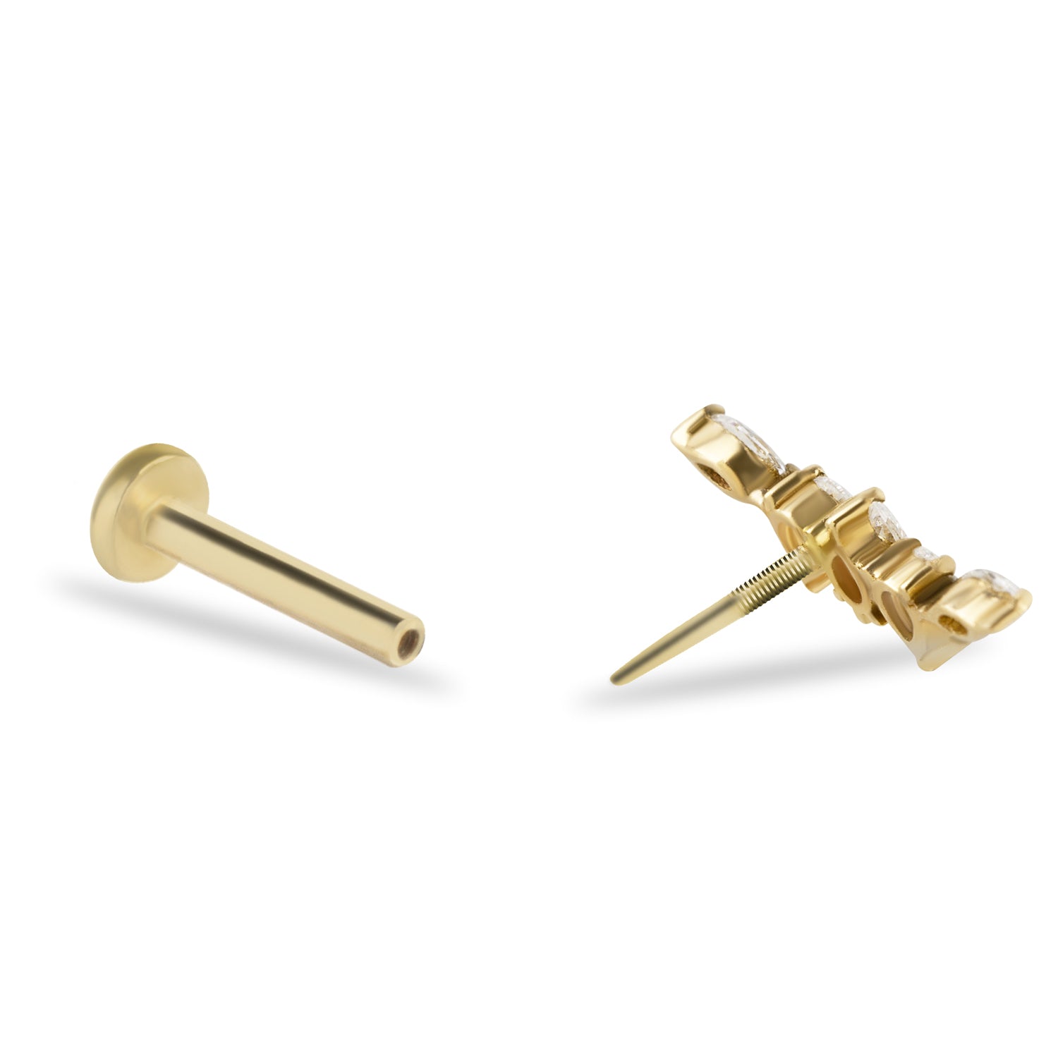Climber stud piercing earring with clear zircons - 14K Solid Yellow Gold