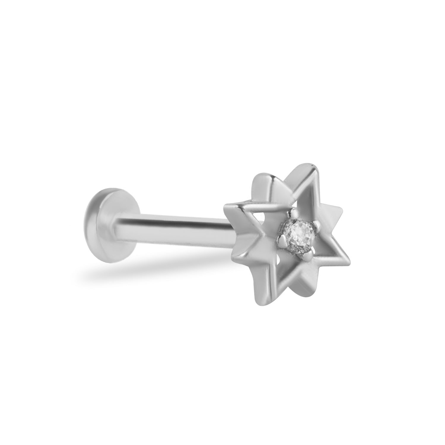 Star stud piercing earring with clear zircon - 14K Solid White Gold - 8mm bar