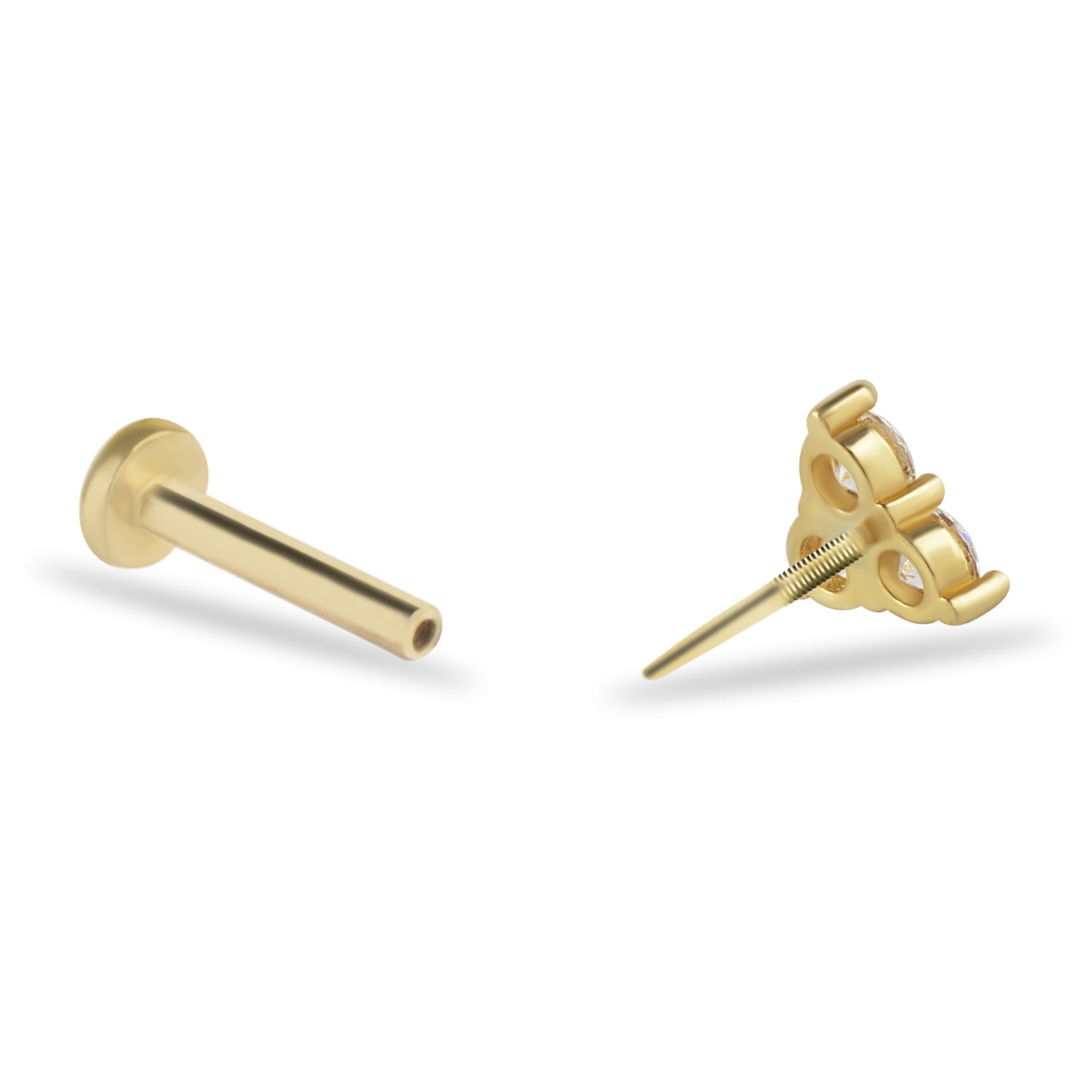 Triangle stud piercing earring with clear zircons - 14K Solid Yellow Gold