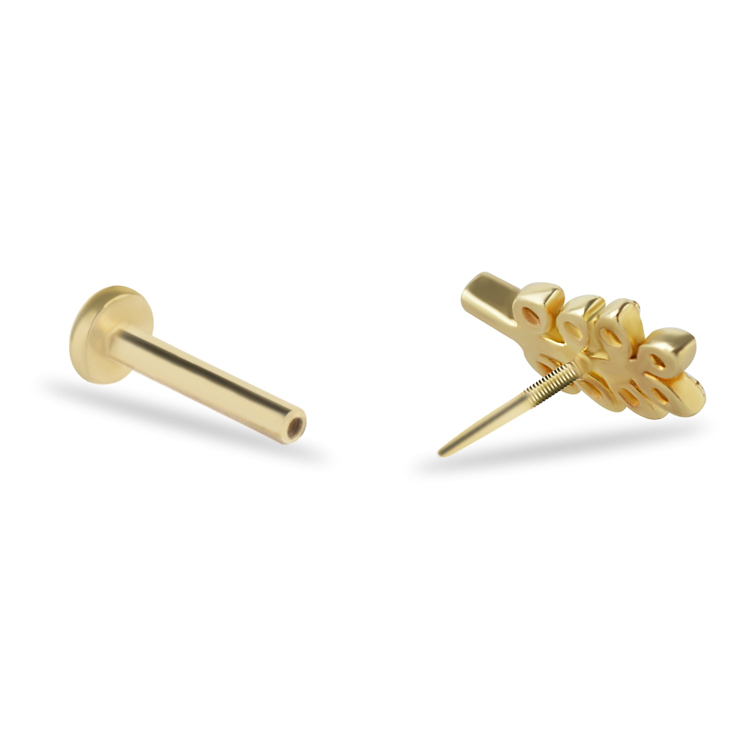 Leaf stud piercing earring with clear zircons - 14K Solid Yellow Gold