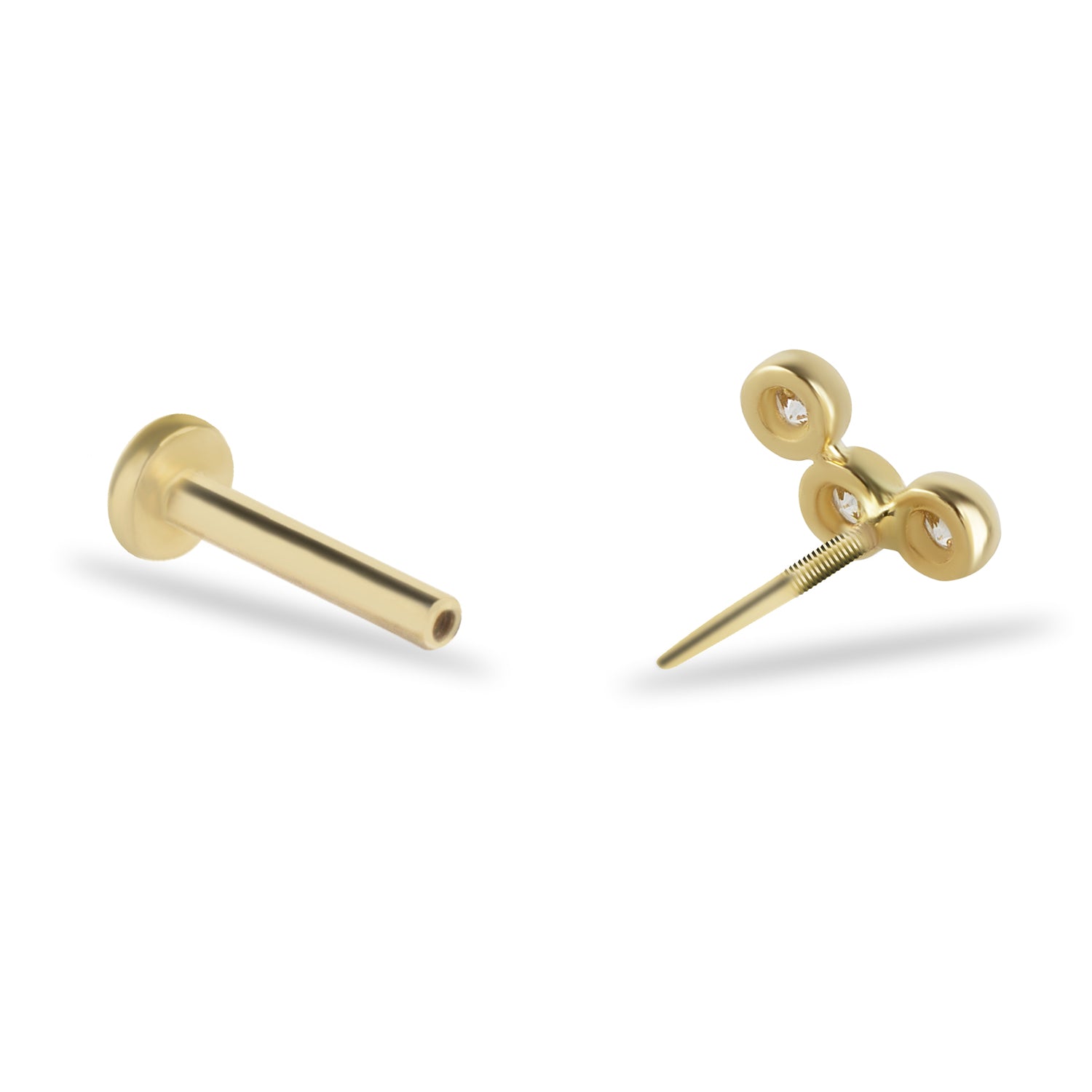 Stud piercing earring with clear zircons - 14K Solid Yellow Gold