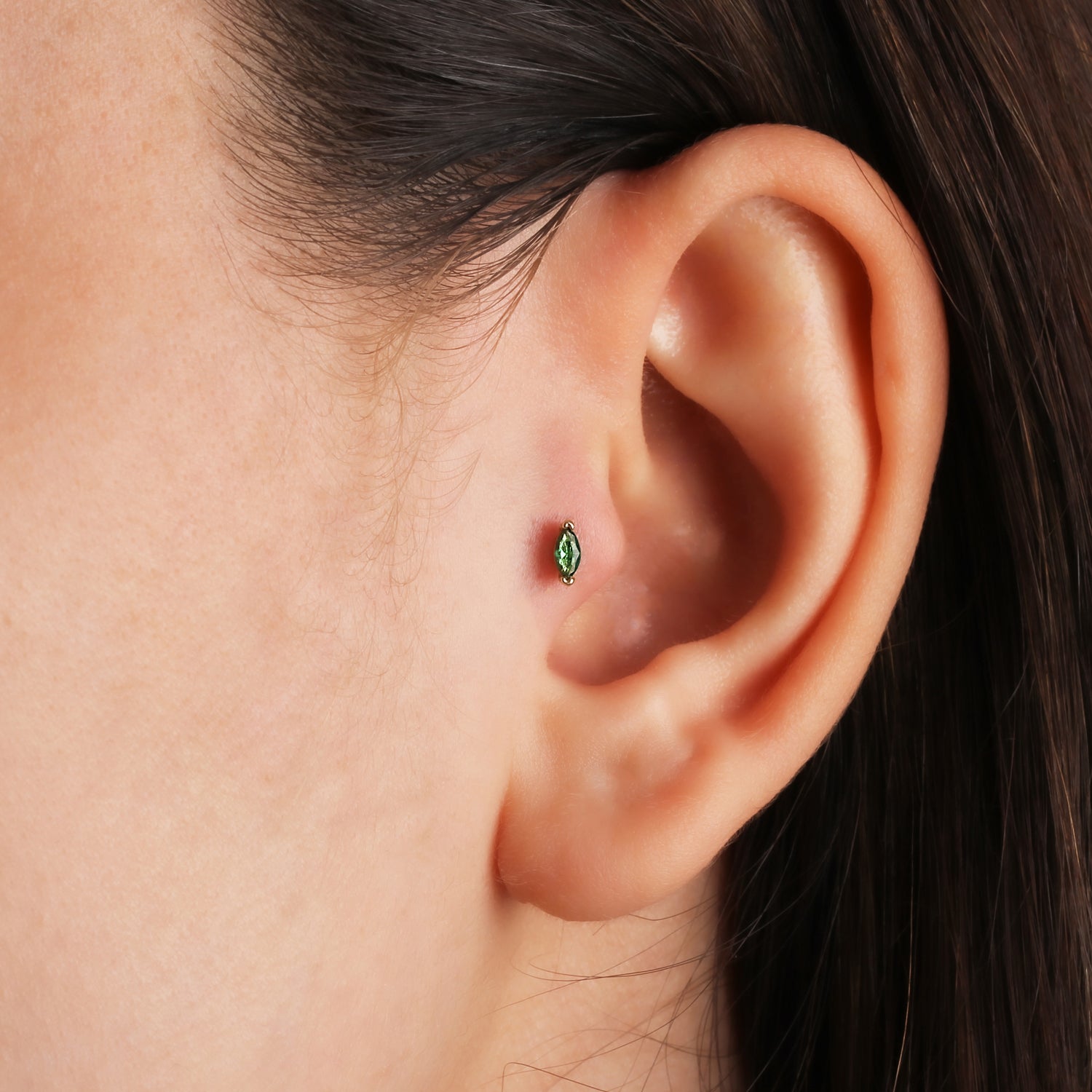 Marquise stud piercing earring with green zircon - 14K Solid Yellow Gold