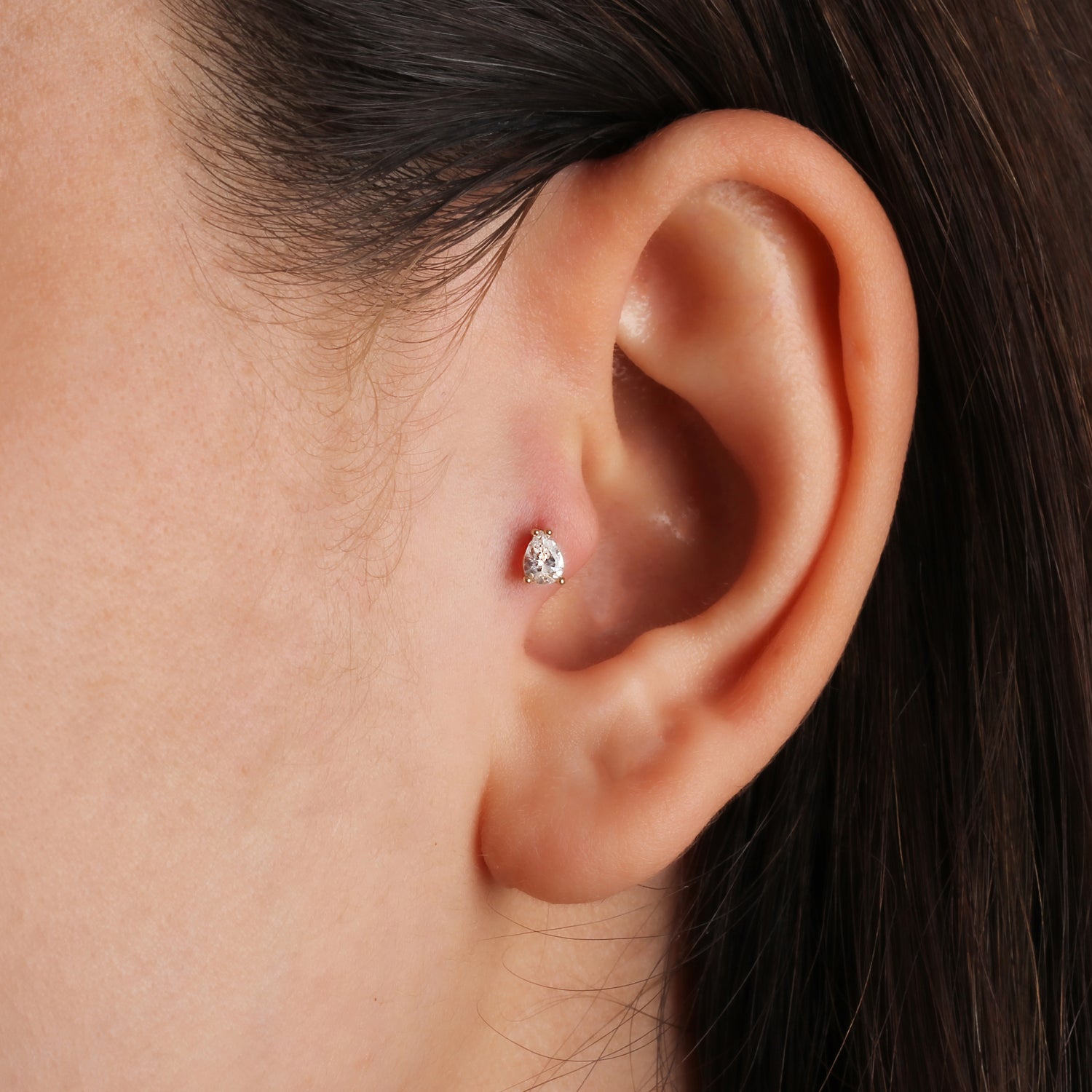 Pear stud piercing earring with clear zircon - 14K Solid Yellow Gold