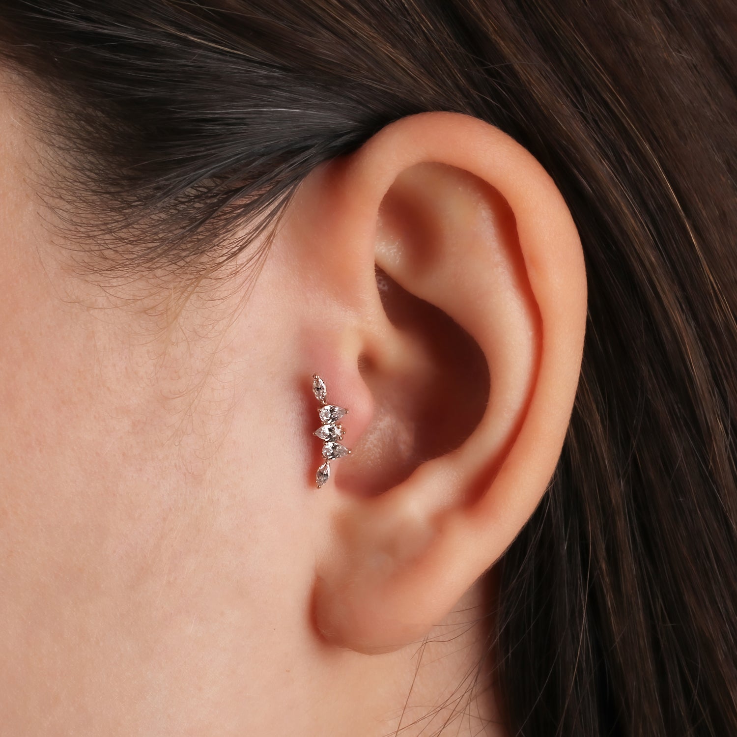Climber stud piercing earring with clear zircons - 14K Solid Yellow Gold